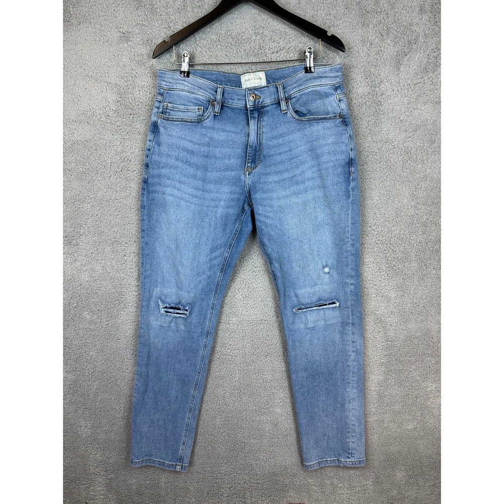 Sun + Stone Jeans Mens 33x32 Blue Distressed Patched Stretch Regular Fit